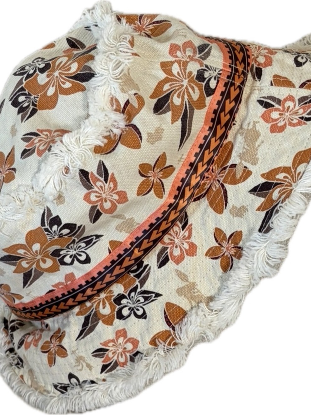 Disney Moana Boho Floral Fringe Bucket Hat - Cream Brown Peach Adult One Size